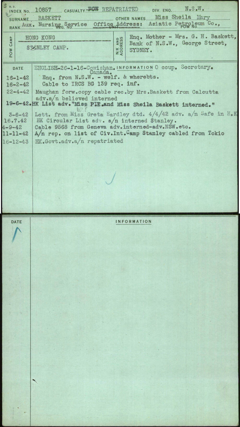 Baskett, Miss Sheila Mary, [No Service Number]