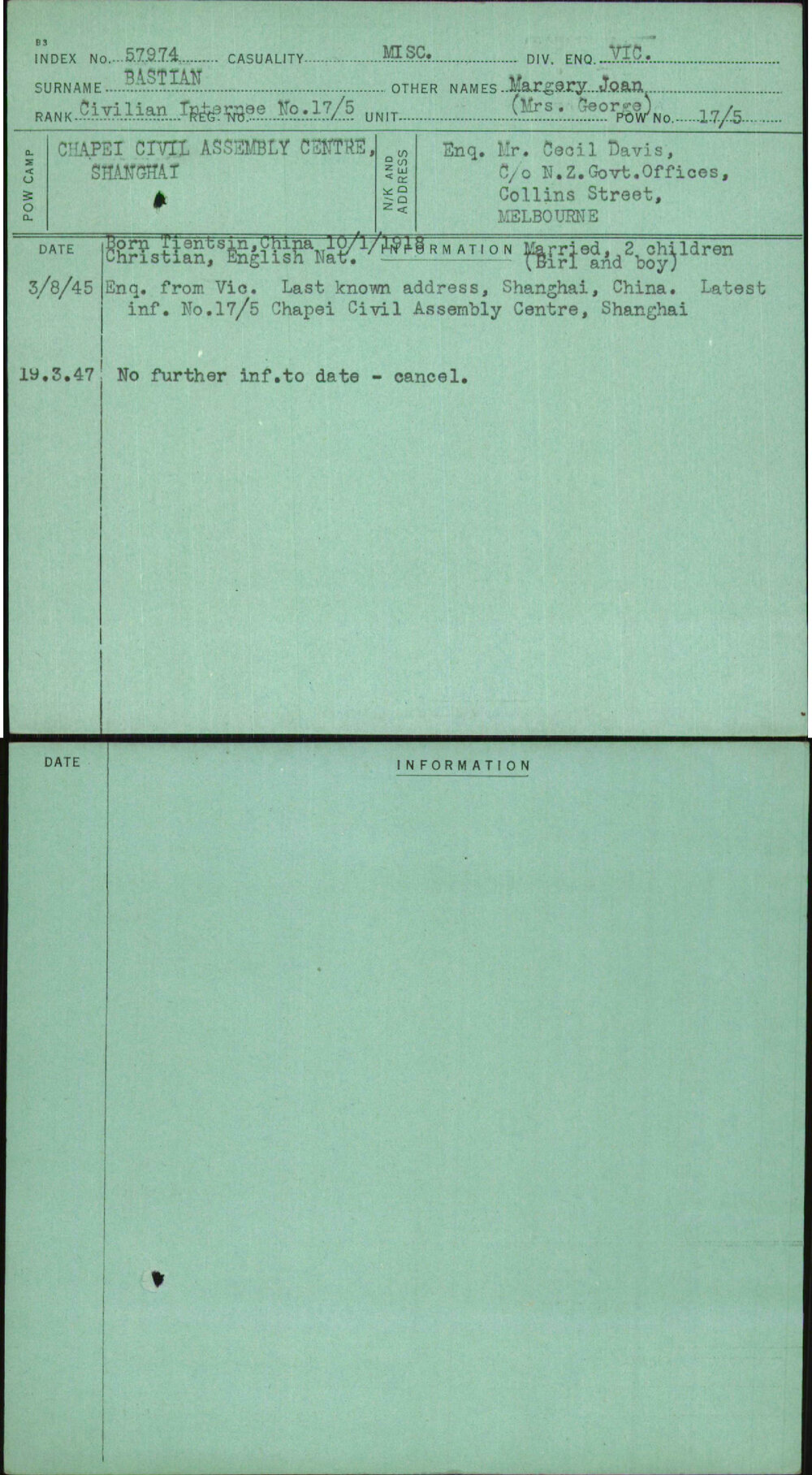 Bastian, Margery Joan, [No Service Number]