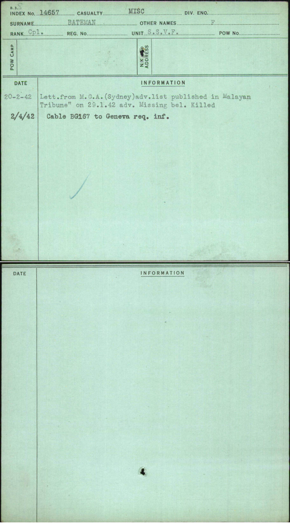 Bateman, F, [No Service Number]