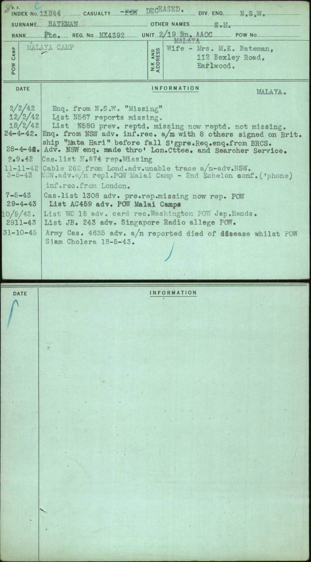 Bateman, S H, NX4392