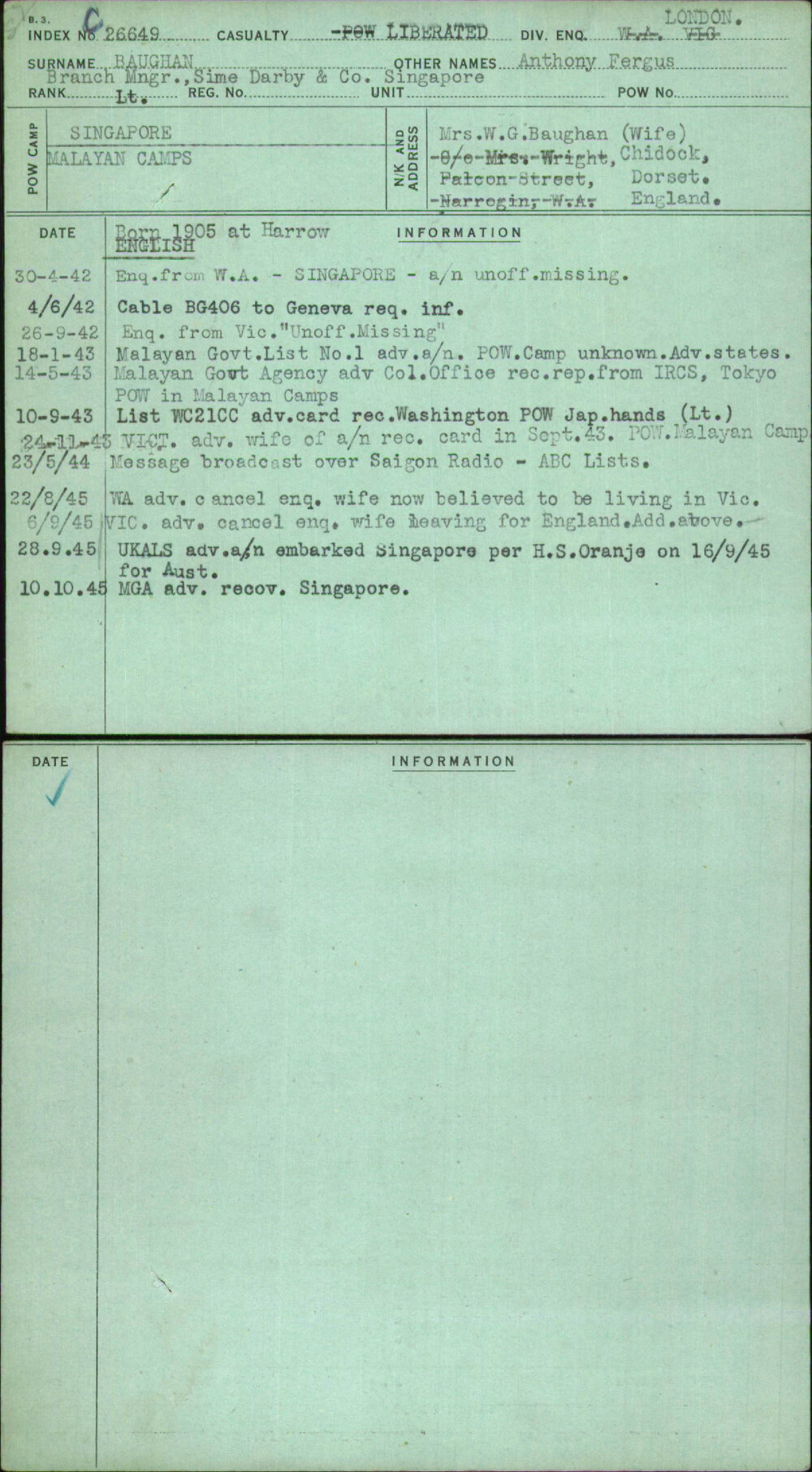 Baughan, Anthony Fergus, [No Service Number]