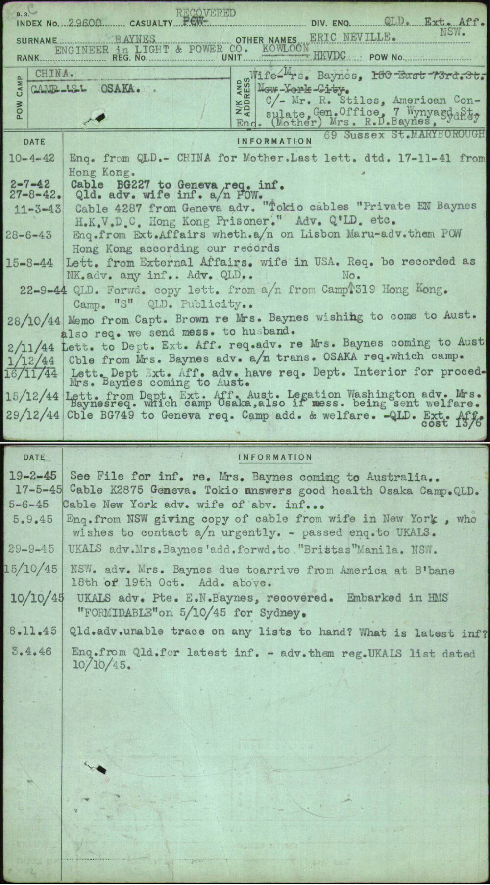 Baynes, Eric Neville, [No Service Number]