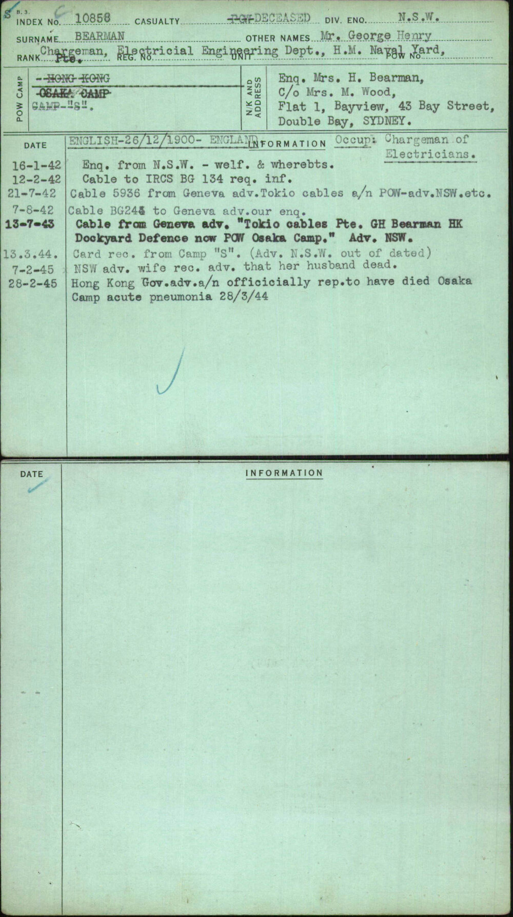 Bearman, Mr George Henry, [No Service Number]