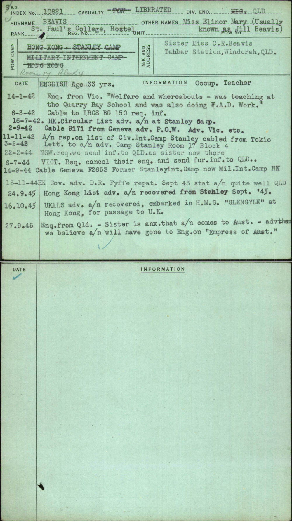 Beavis, Miss Elinor Mary (Usually Known As Jill Beavis), [No Service Number]