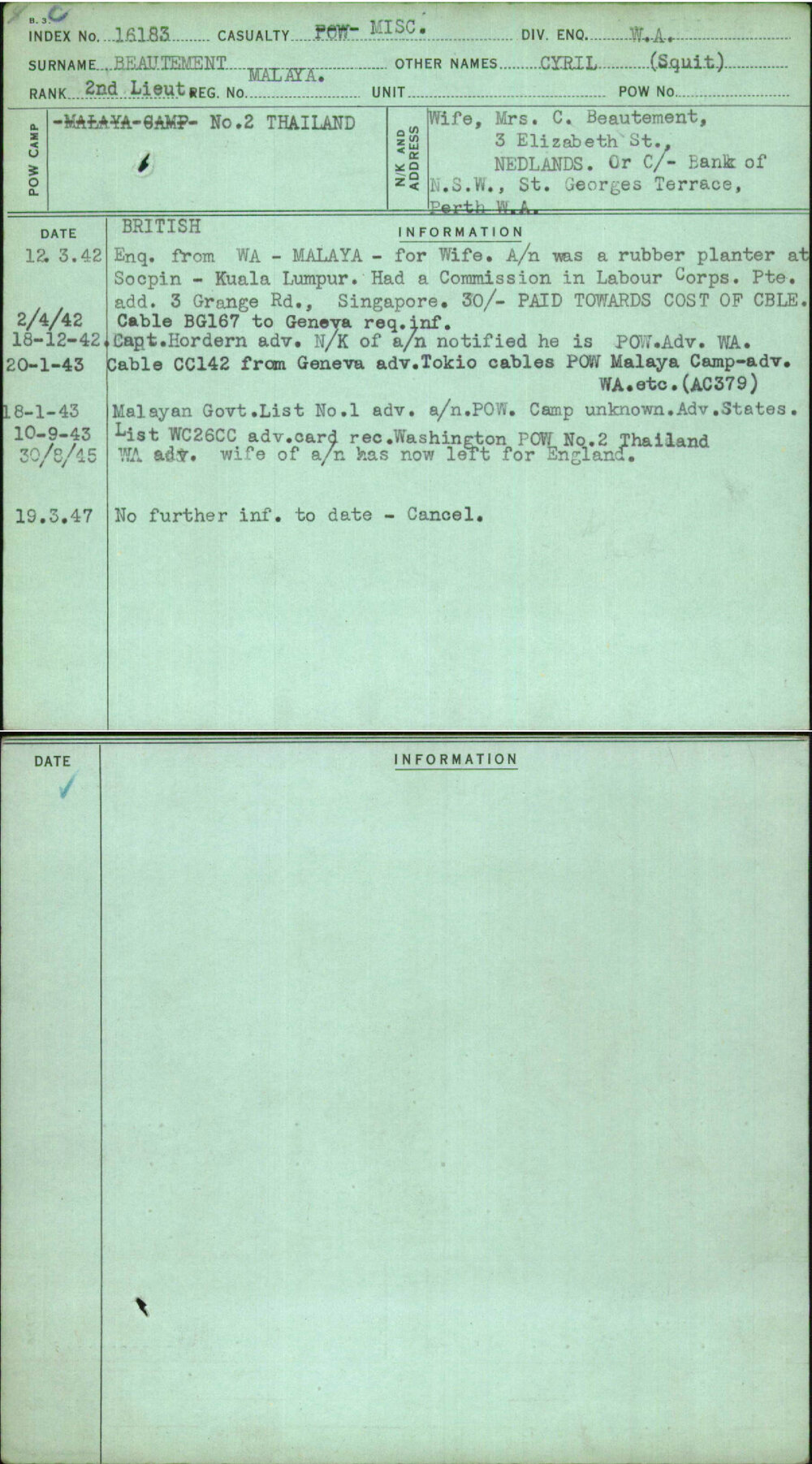 Beautement, Cyril (Squit), Malaya