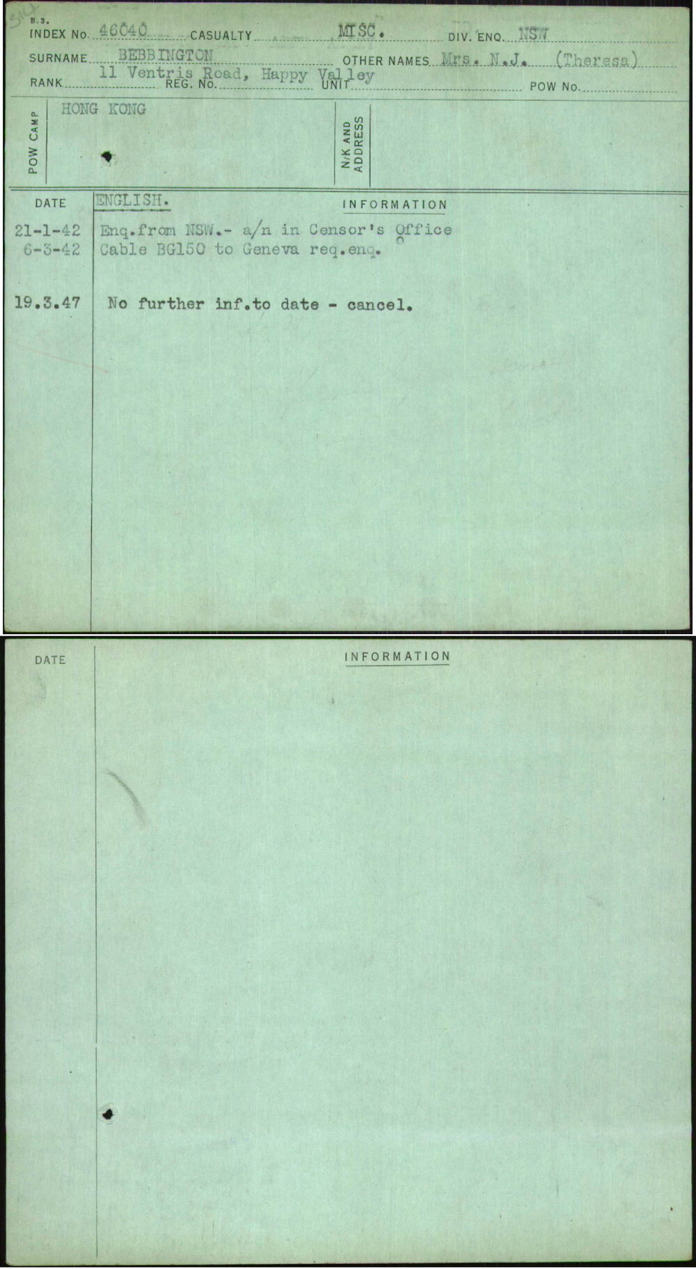 Bebbington, Mrs N J (Theresa), [No Service Number]