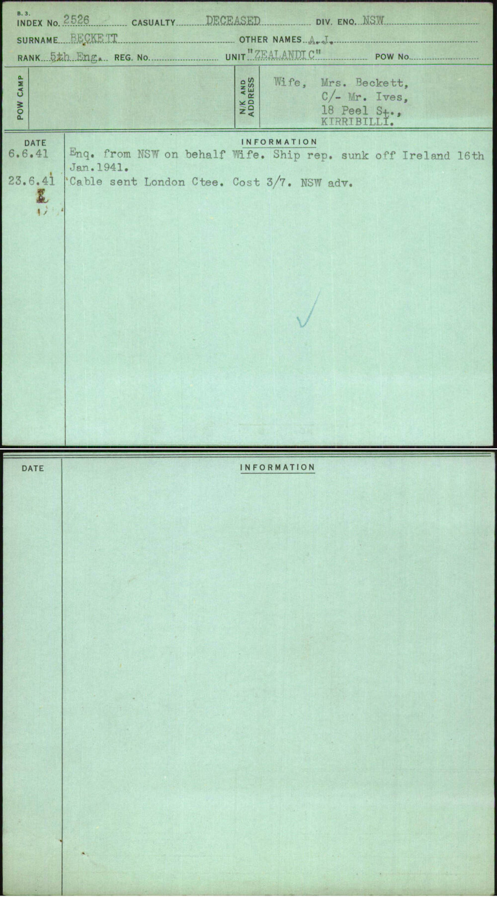 Beckett, A J, [No Service Number]