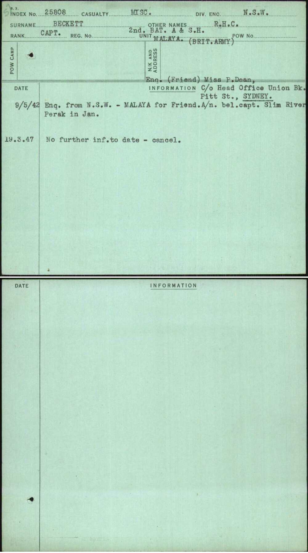 Beckett, R H C, [No Service Number]