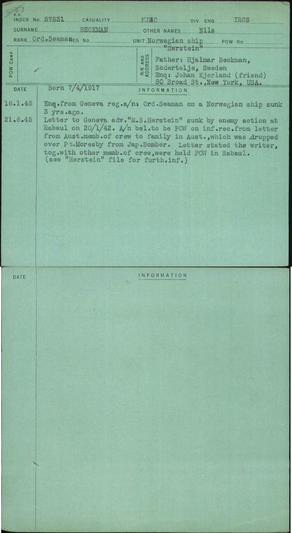 Beckman, Nils, [No Service Number]