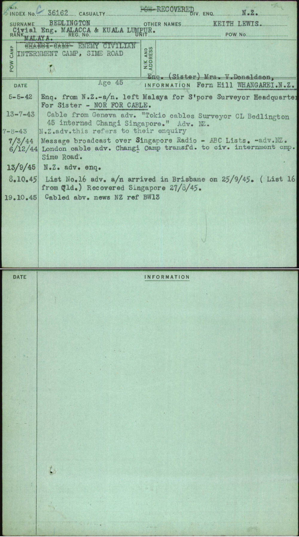 Bedlington, Keith Lewis, [No Service Number]