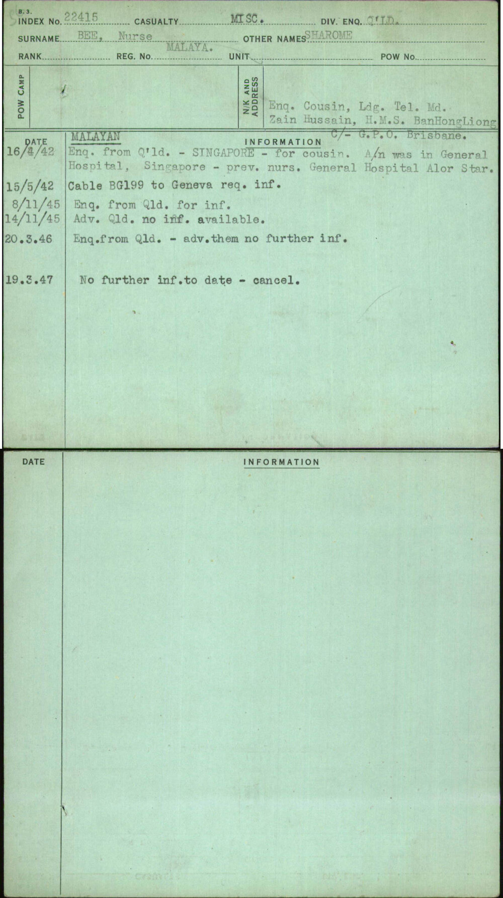 Bee Nurse, Sharome, Malaya