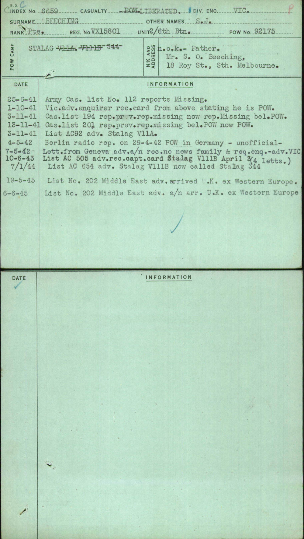Beeching, S J, VX15801