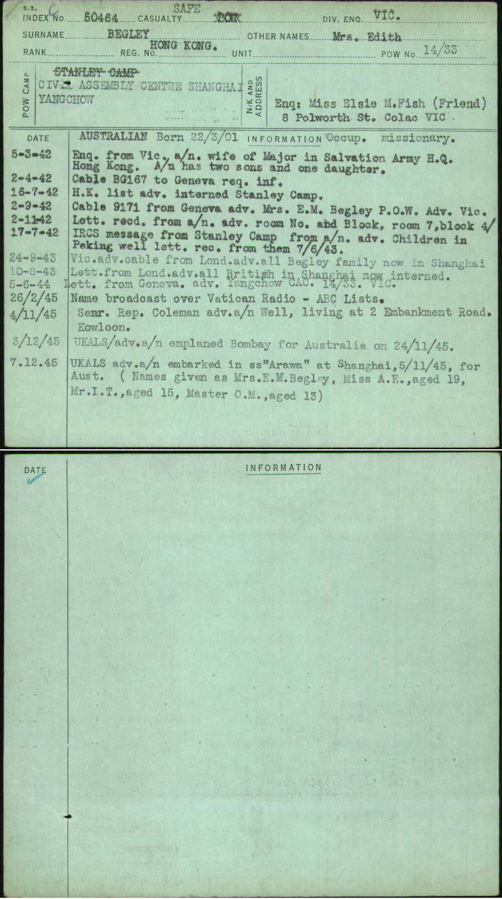 Begley, Mrs Edith, Hong Kong