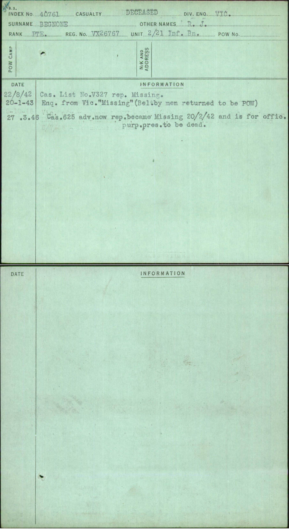 Begnone, R J, VX26767