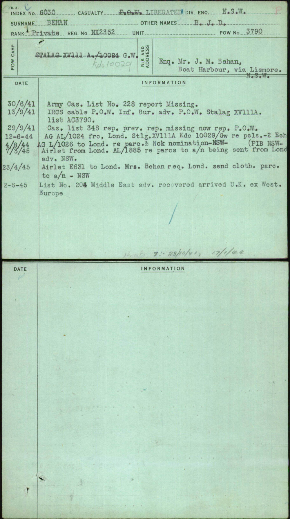 Behan, R J D, NX2352