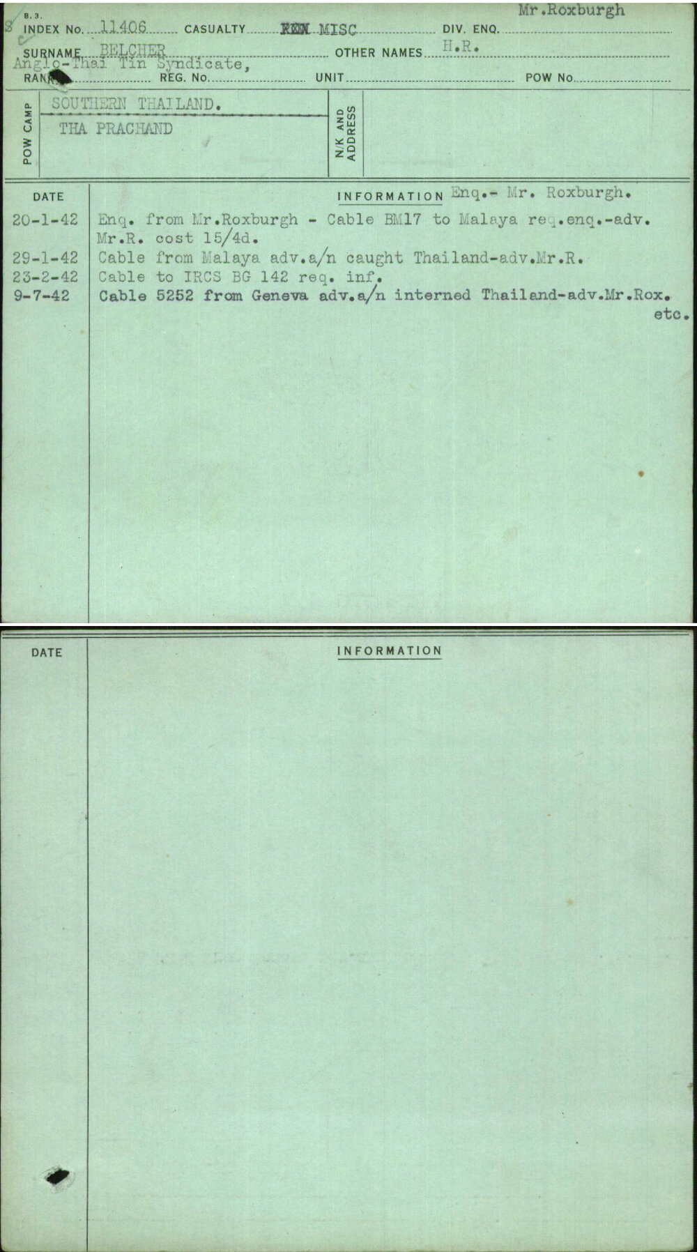 Belcher, H R, [No Service Number]