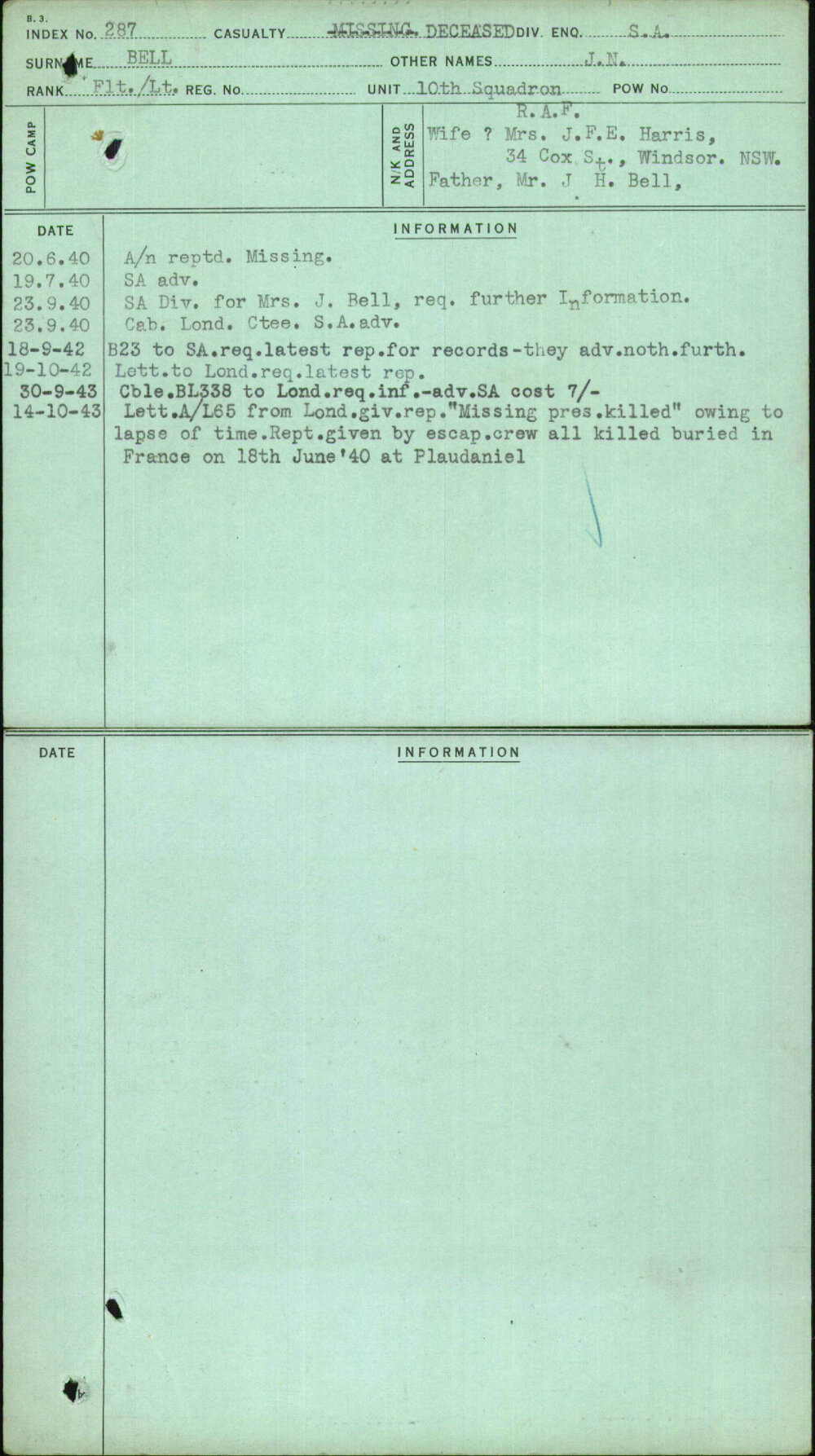 Bell, J N, [No Service Number]