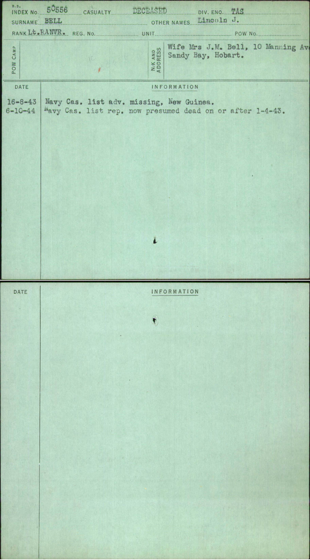 Bell, Lincoln J, [No Service Number]