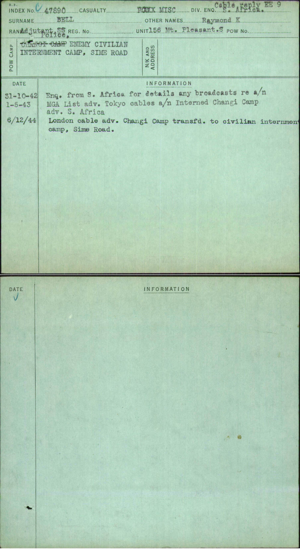 Bell, Raymond K, [No Service Number]