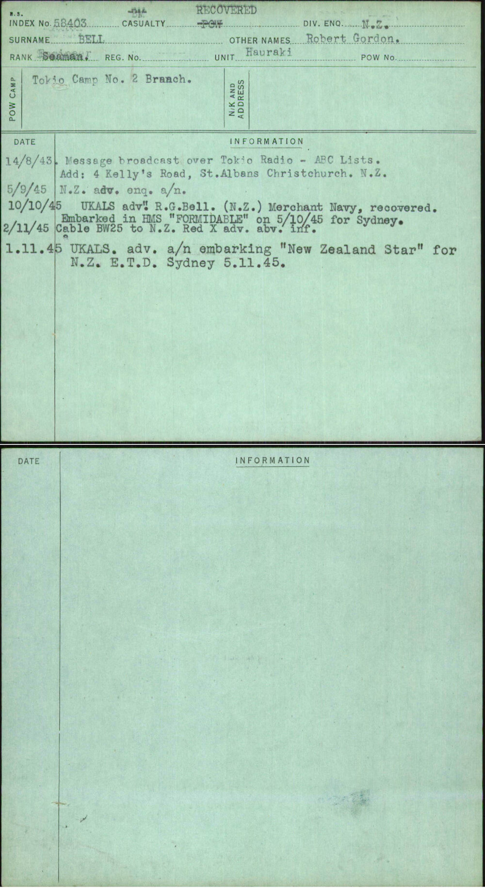 Bell, Robert Gordon, [No Service Number]