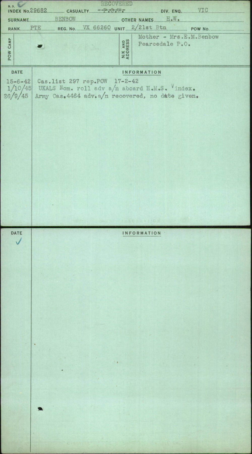 Benbow, H W, VX66260