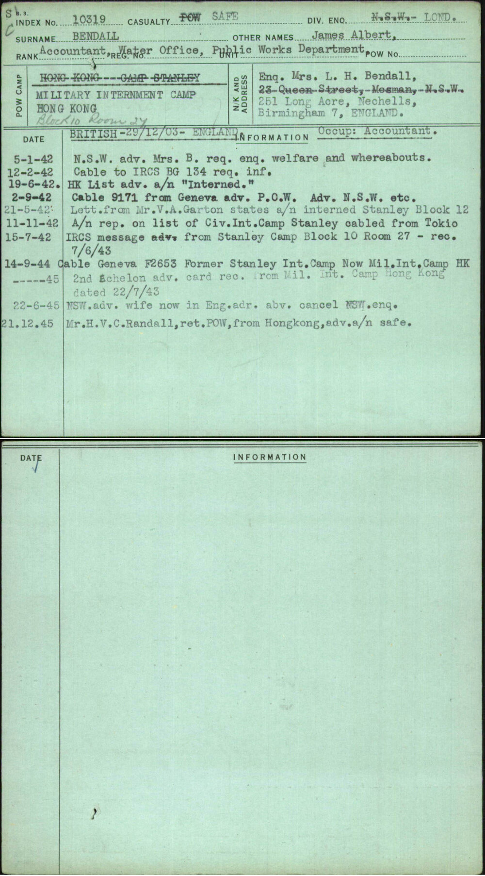 Bendall, James Albert, [No Service Number]