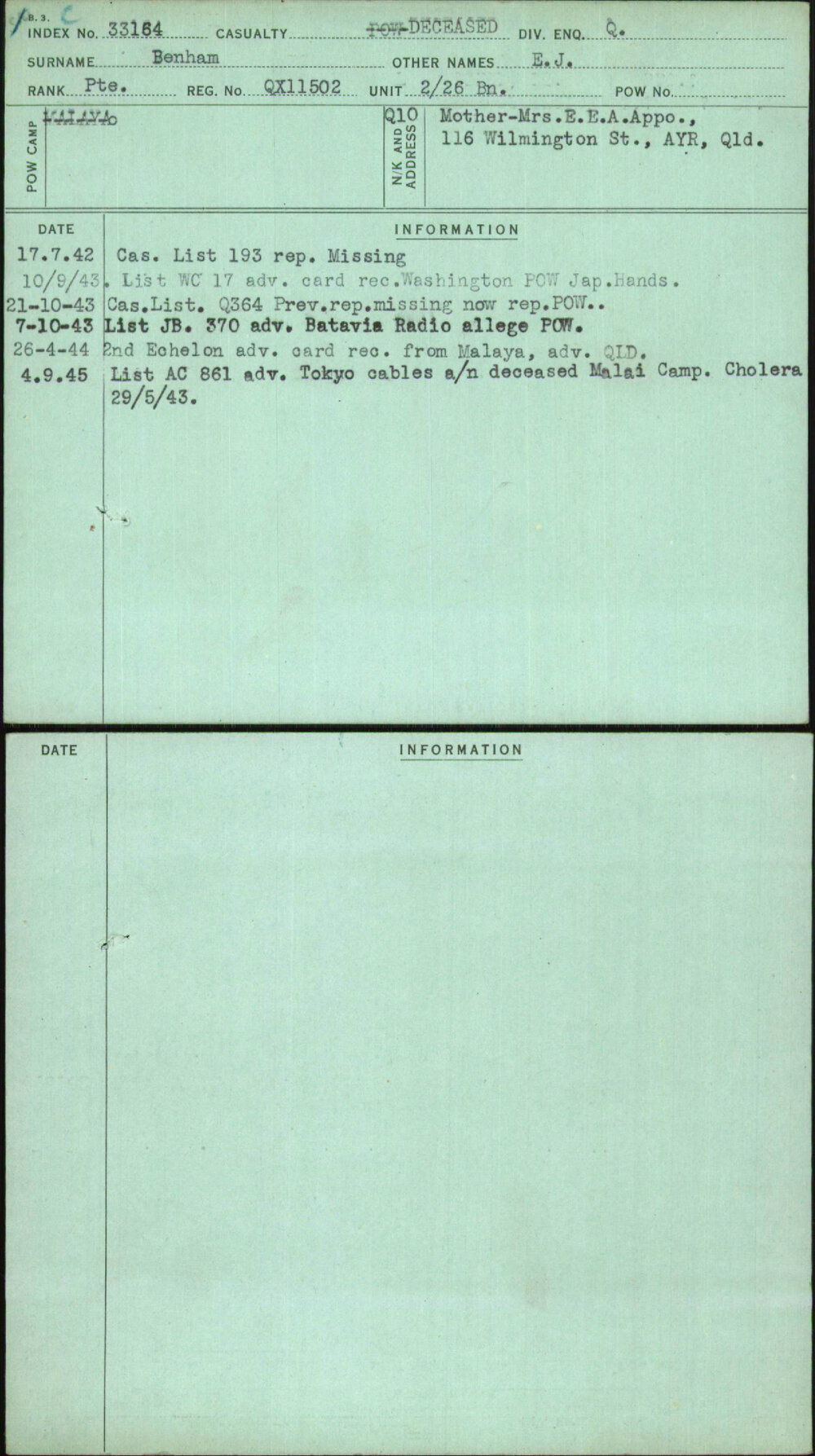 Benham, E J, QX11502