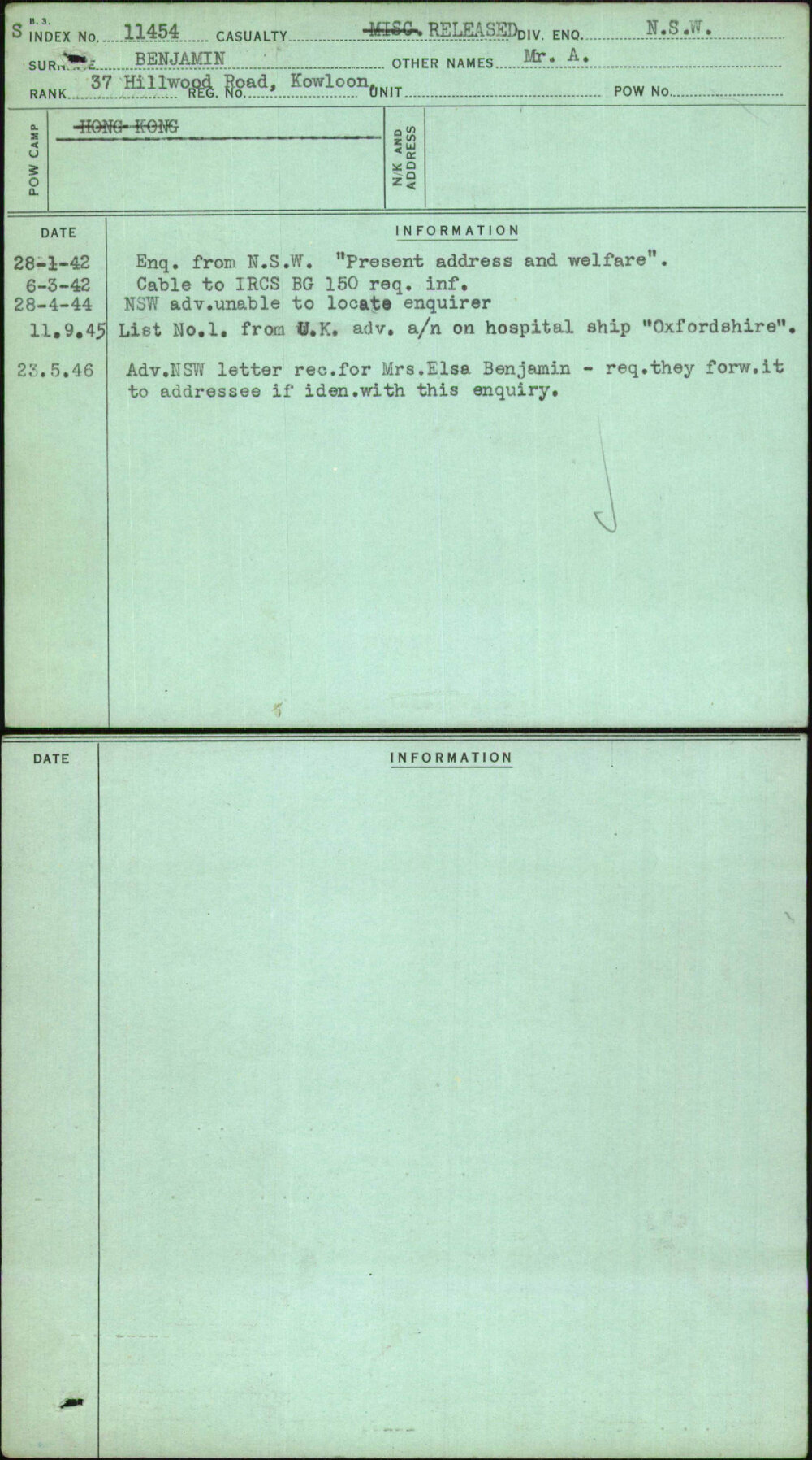 Benjamin, Mr A, [No Service Number]