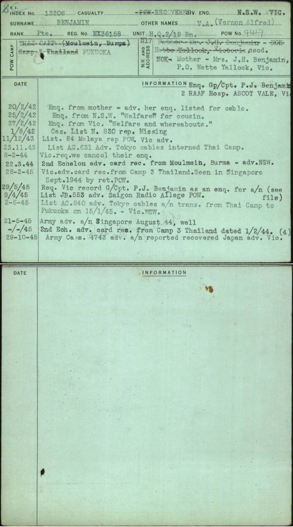 Benjamin, V A (Vernon Alfred), NX36158