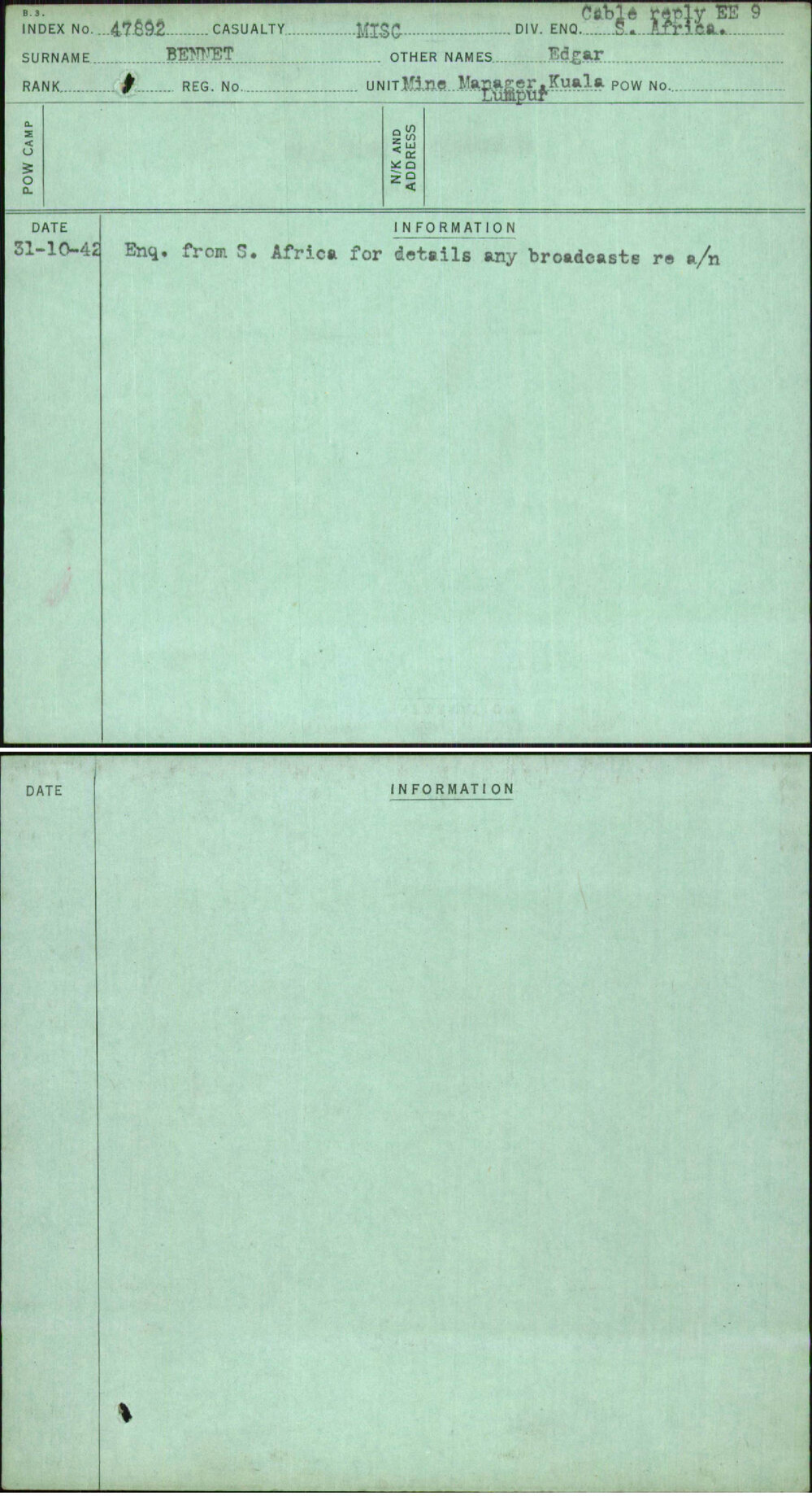 Bennet, Edgar, [No Service Number]