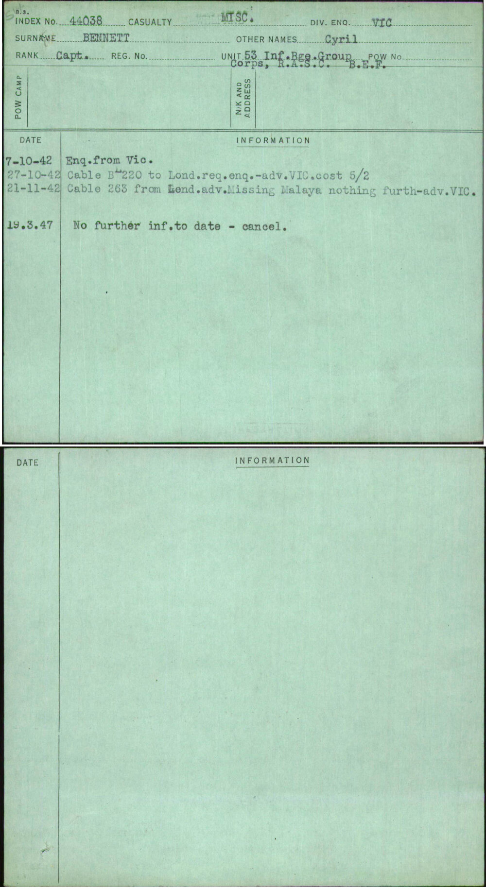 Bennett, Cyril, [No Service Number]