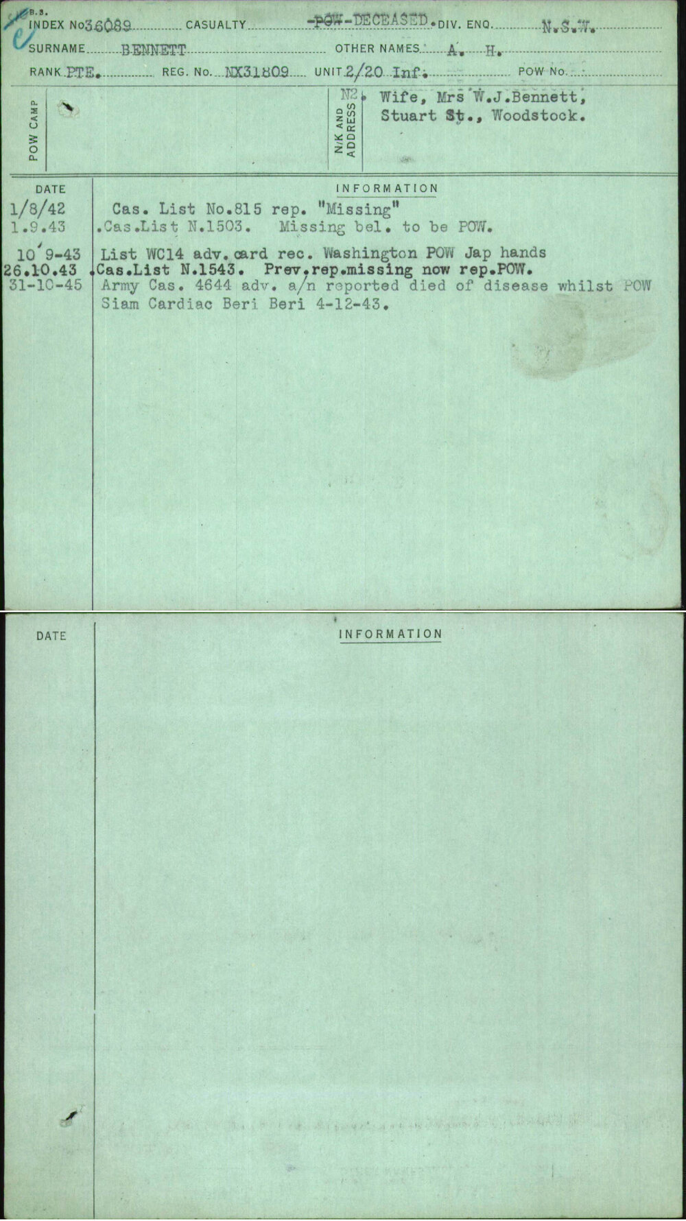 Bennett, A H, NX31809