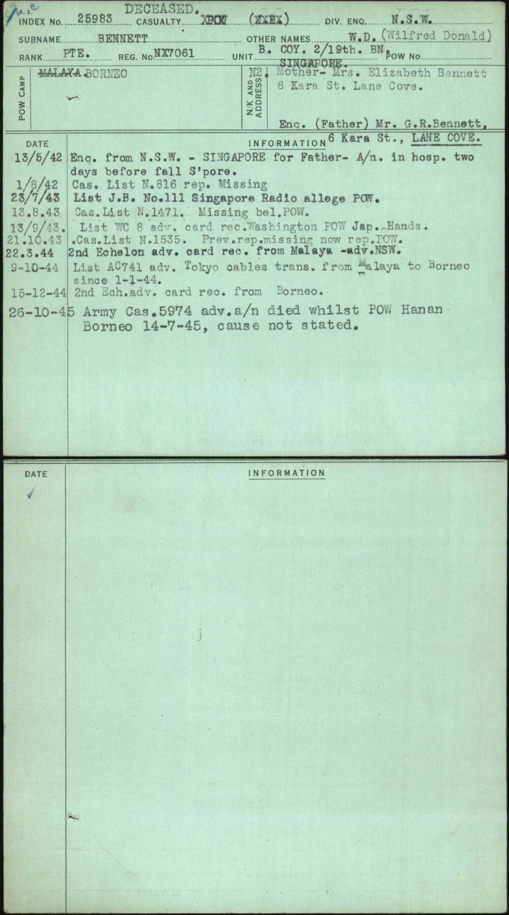 Bennett, W D (Wilfred Donald), NX7061