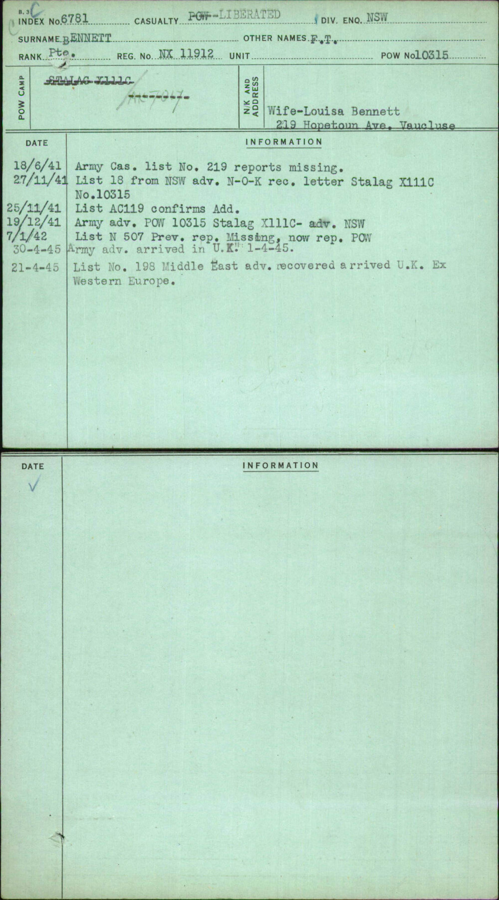 Bennett, F T, NX11912