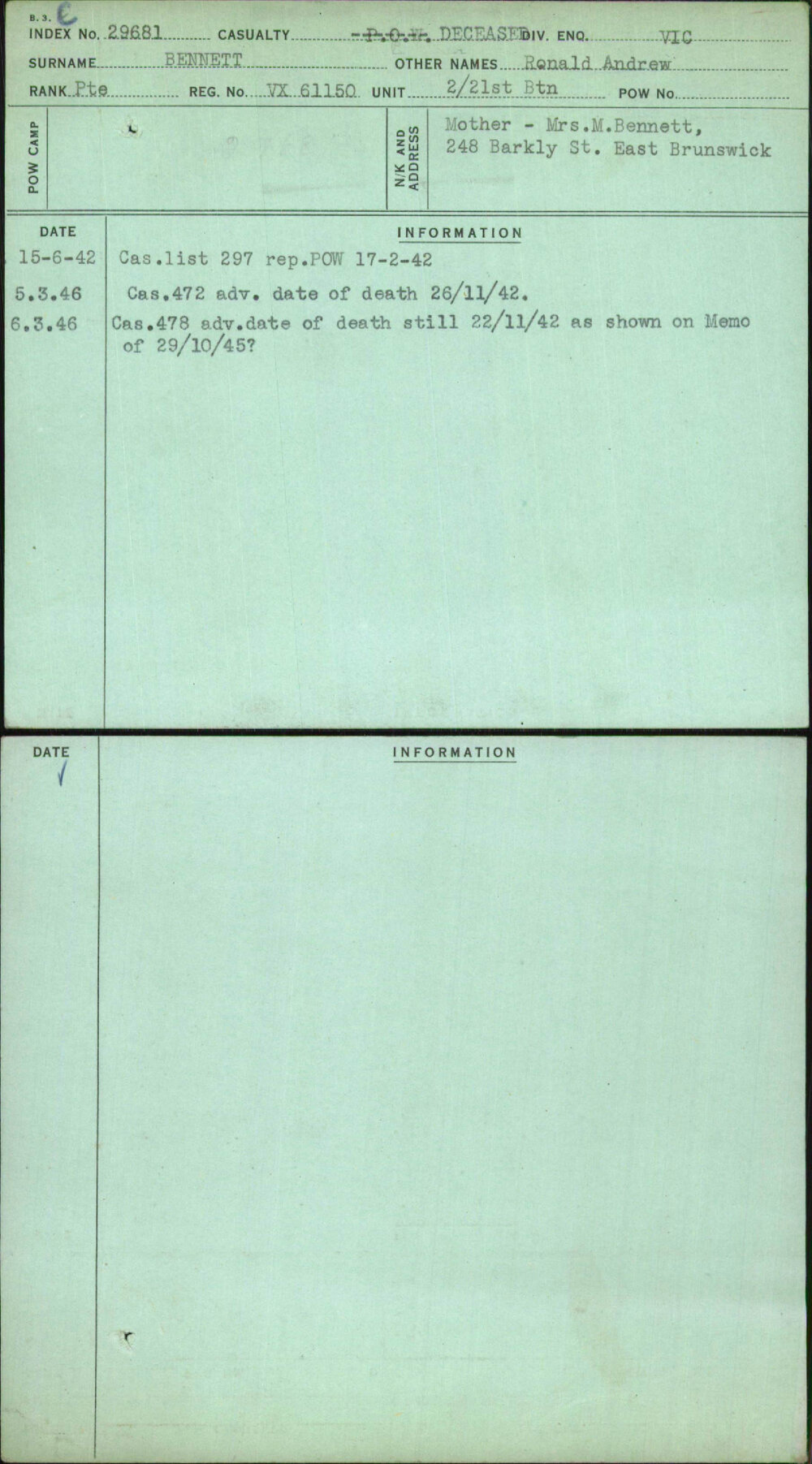 Bennett, Ronald Andrew, VX61150