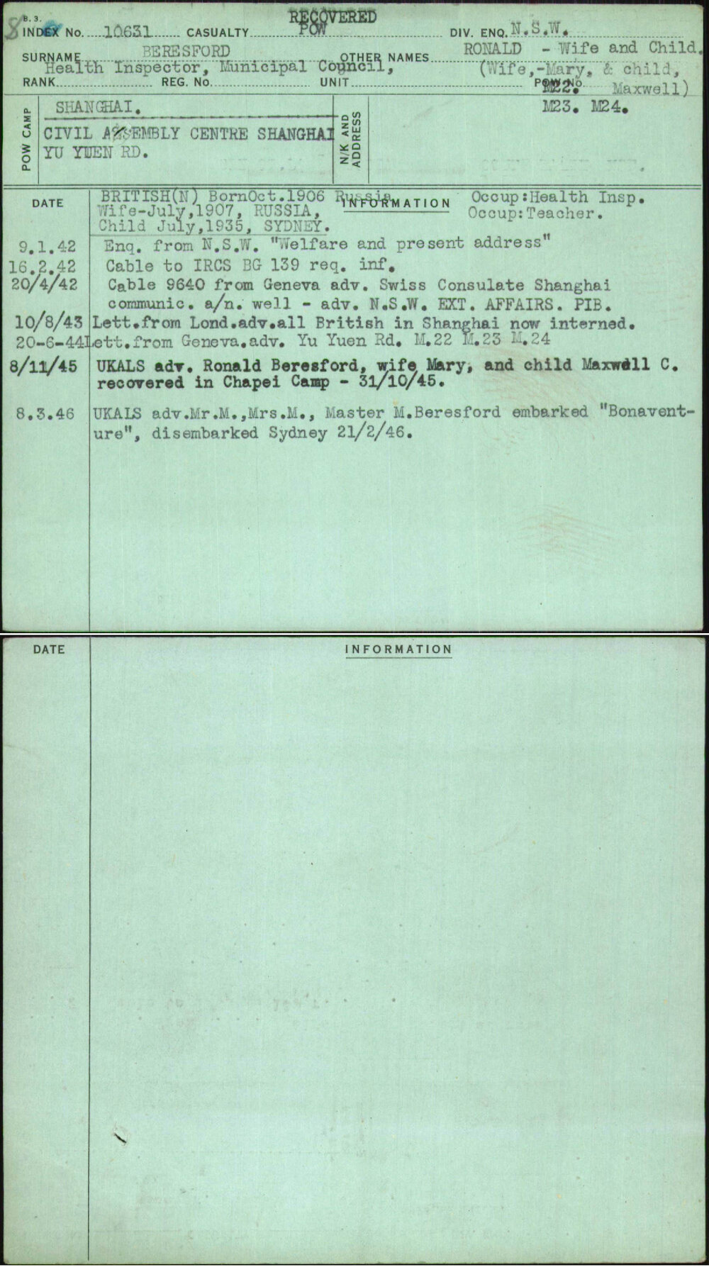 Beresford, Ronald-Wife And Child (Wife-Mary &amp; Child Maxwell), [No Service Number]