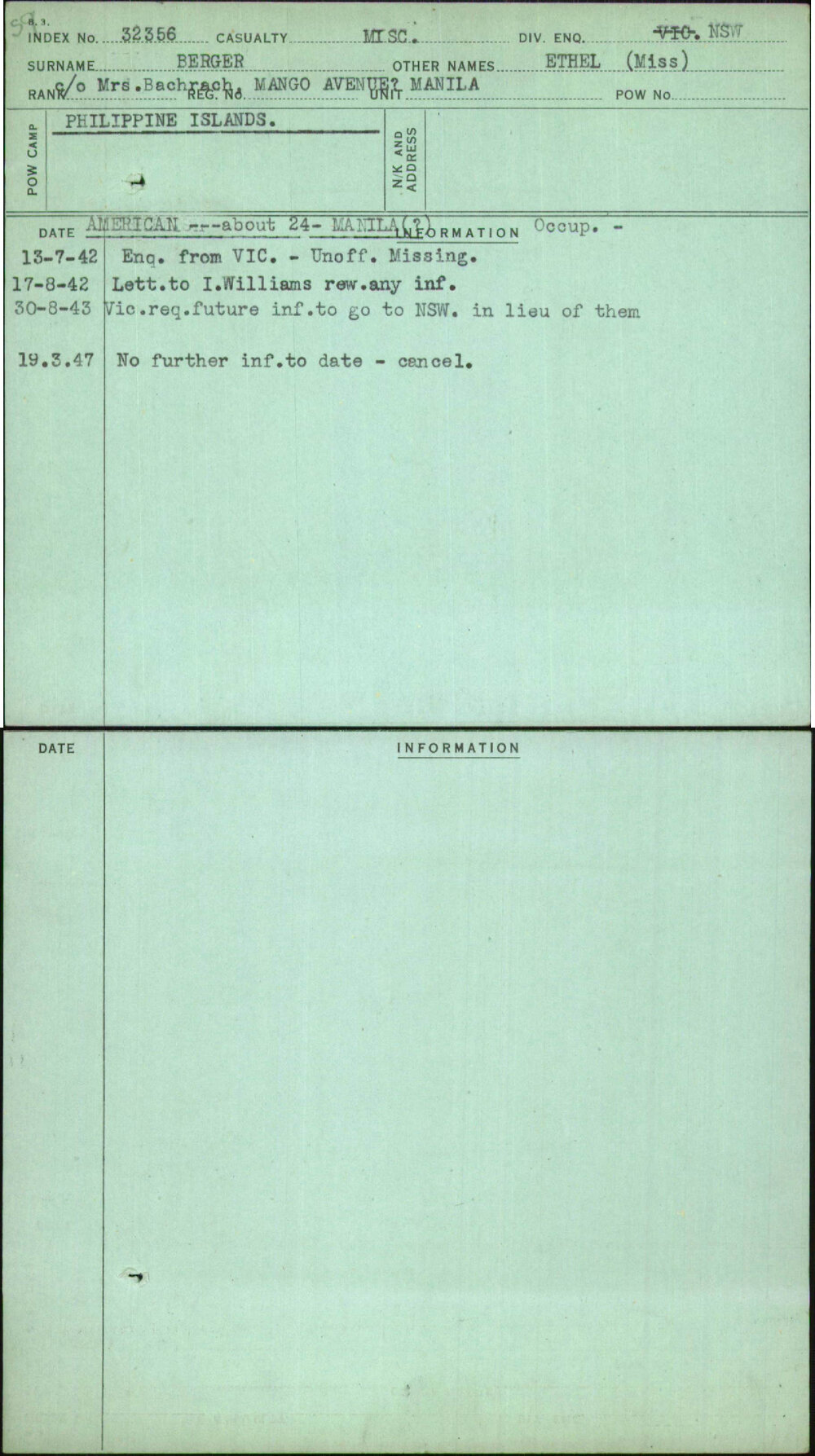 Berger, Ethel (Miss), [No Service Number]