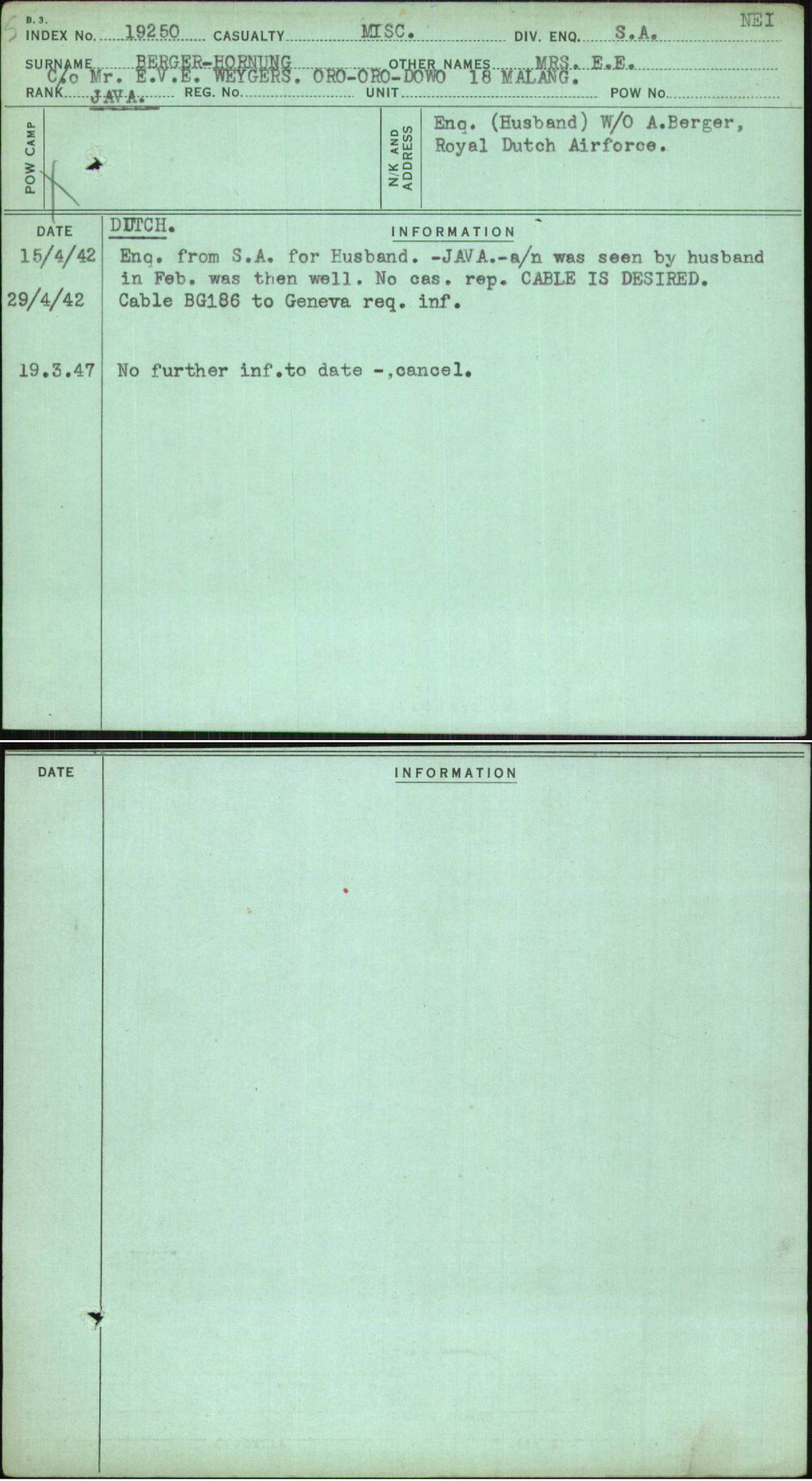 Berger-Hornung, Mrs E E, [No Service Number]