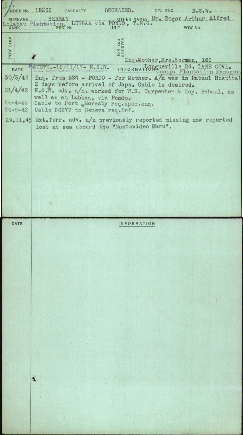 Berman, Mr Roger Arthur Alfred, [No Service Number]