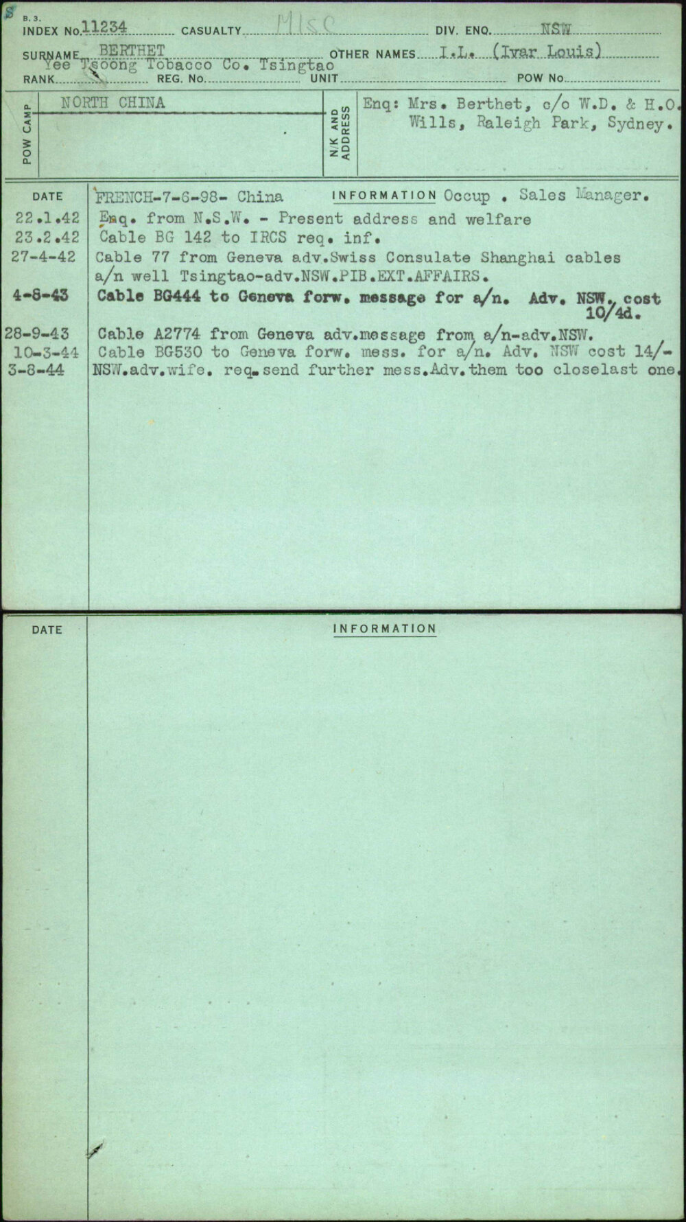 Berthet, I L (Ivar Louis), [No Service Number]