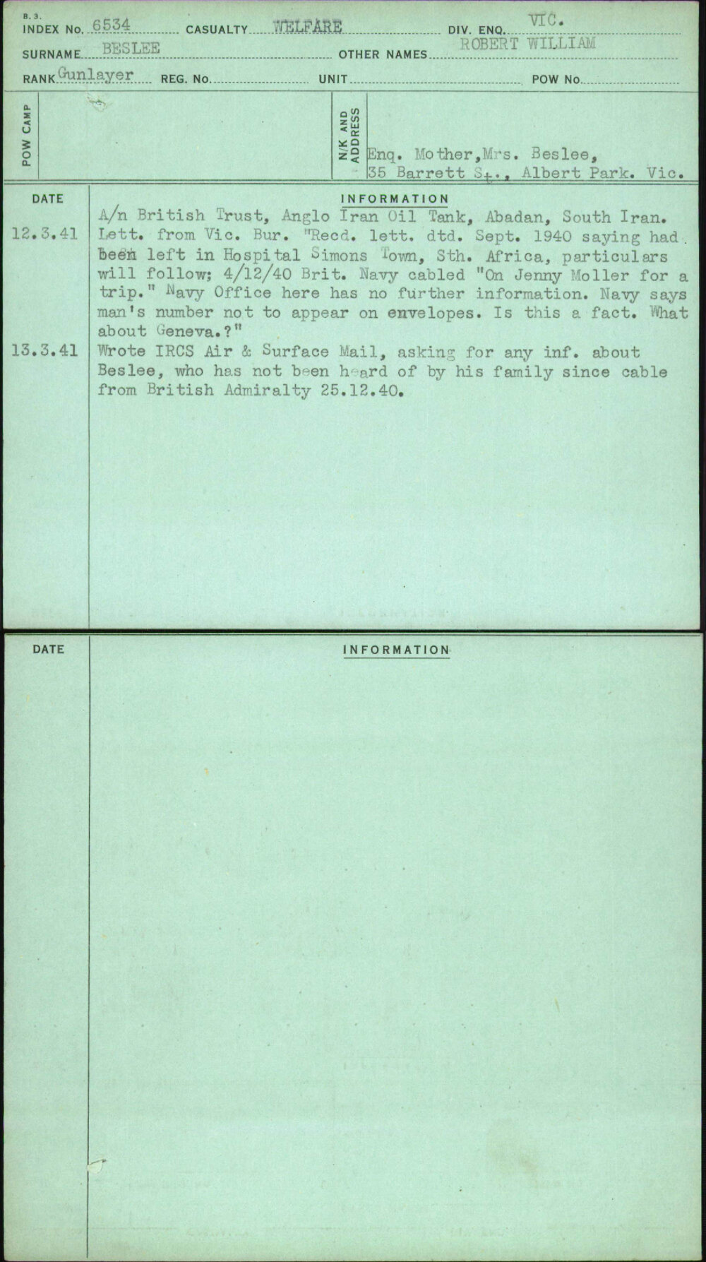 Beslee, Robert William, [No Service Number]