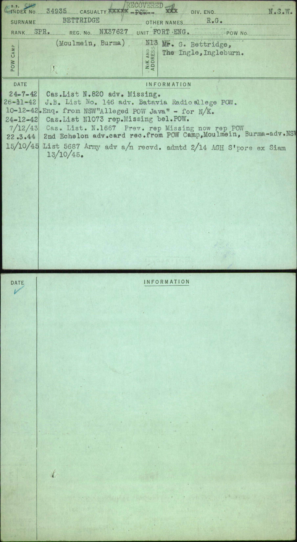 Bettridge, R G, NX37627