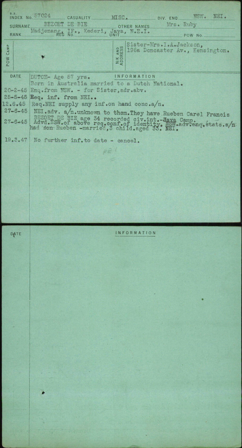 Bezoet De Bie, Mrs Ruby, [No Service Number]