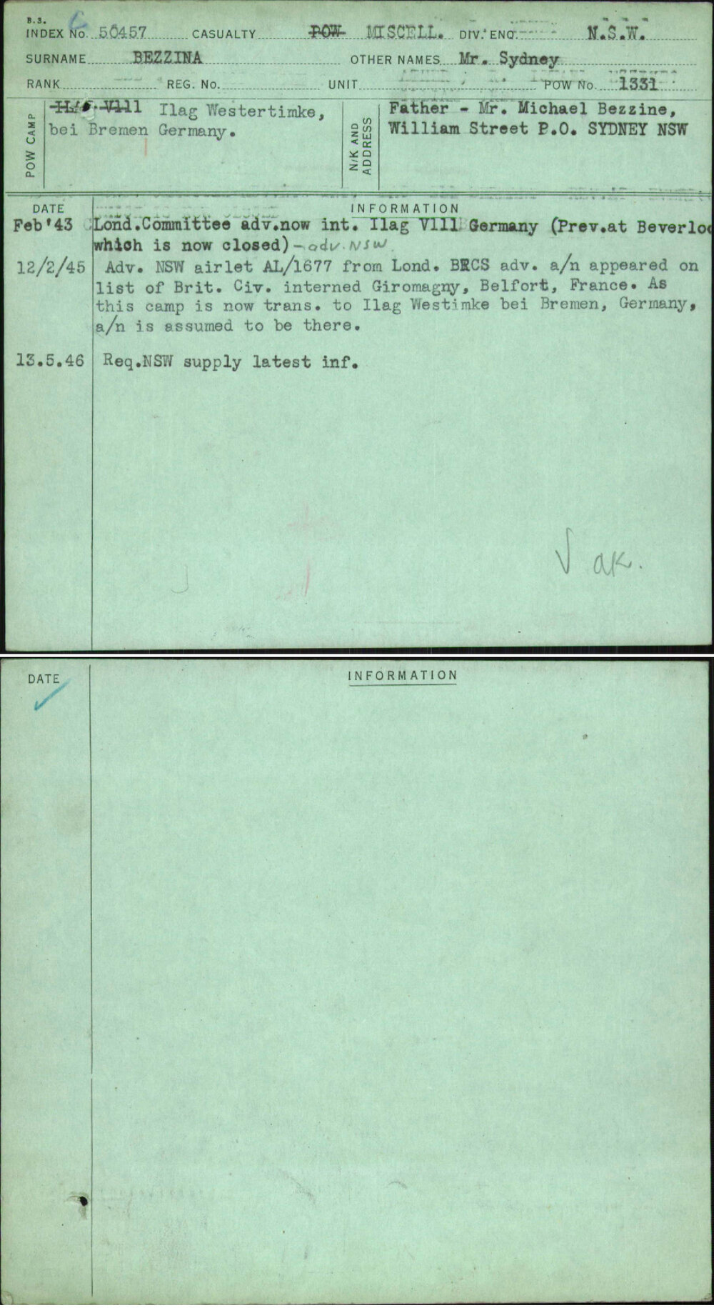 Bezzina, Mr Sydney, [No Service Number]