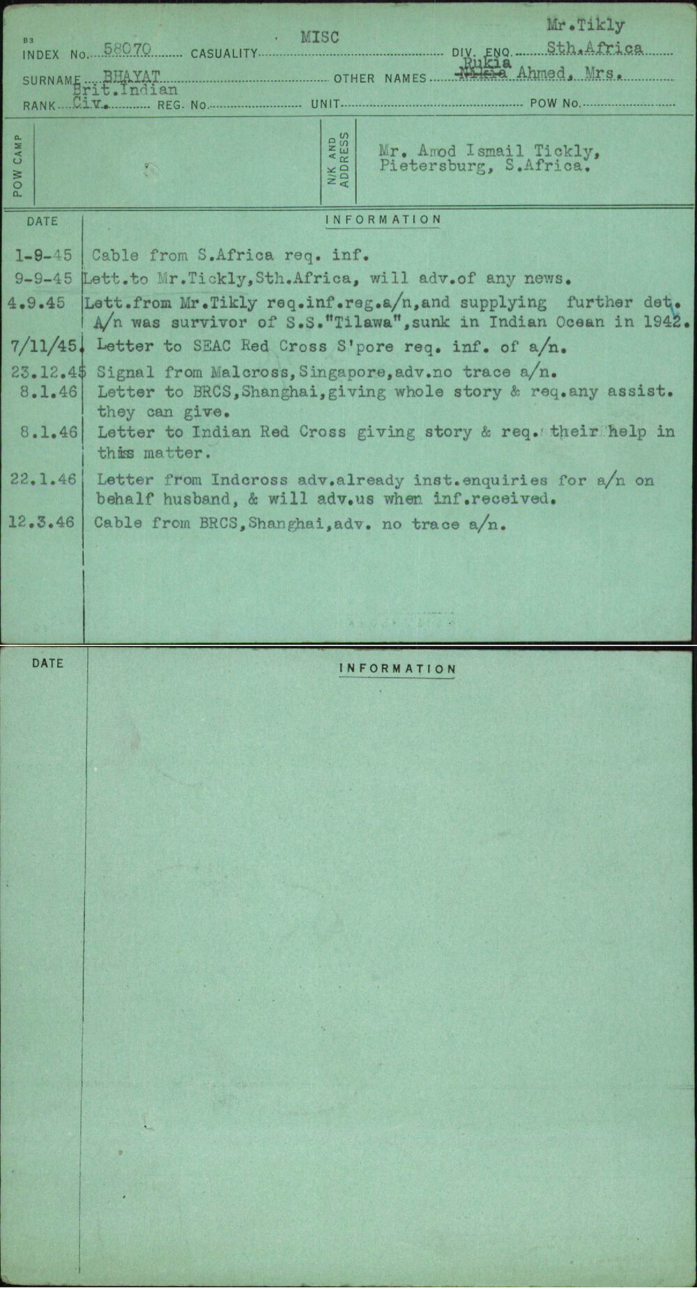 Bhayat, Rukia Ahmed Mrs, [No Service Number]