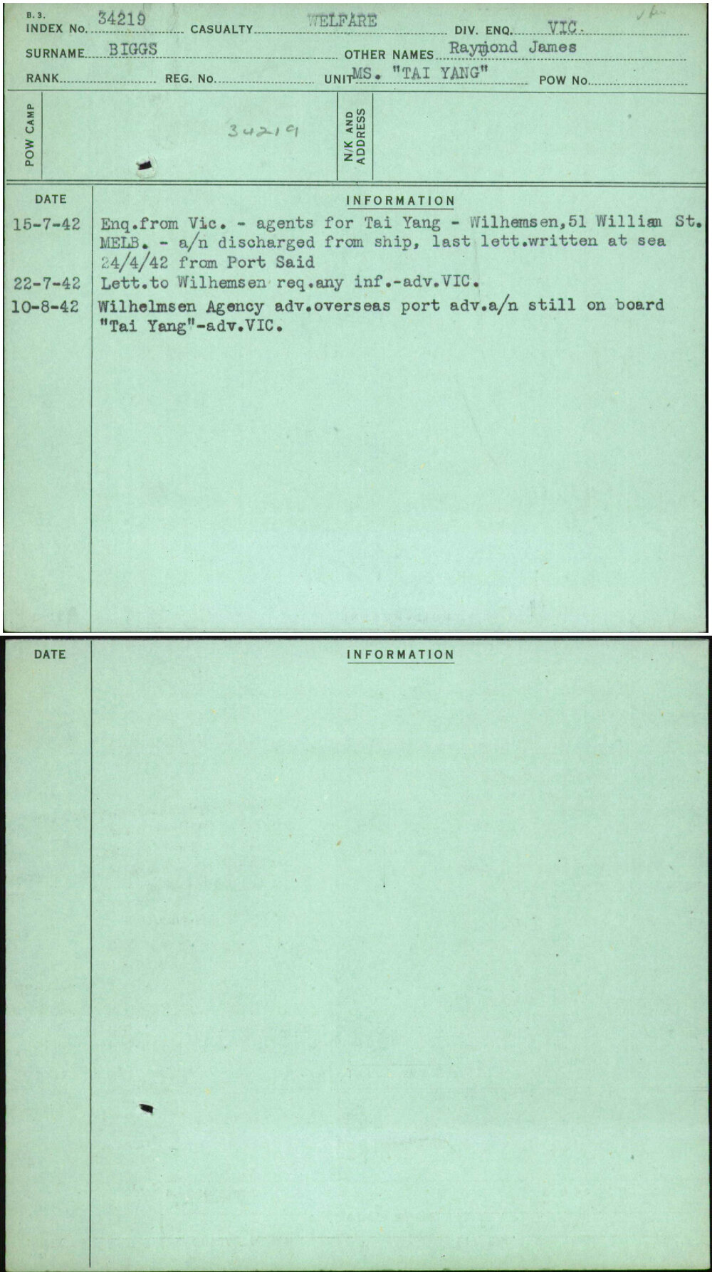 Biggs, Raymond James, [No Service Number]