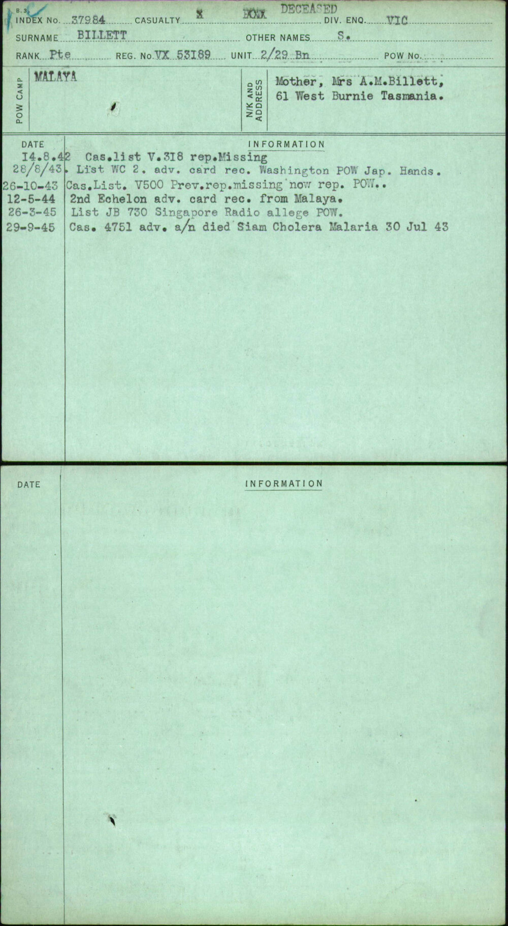 Billett, S, VX53189