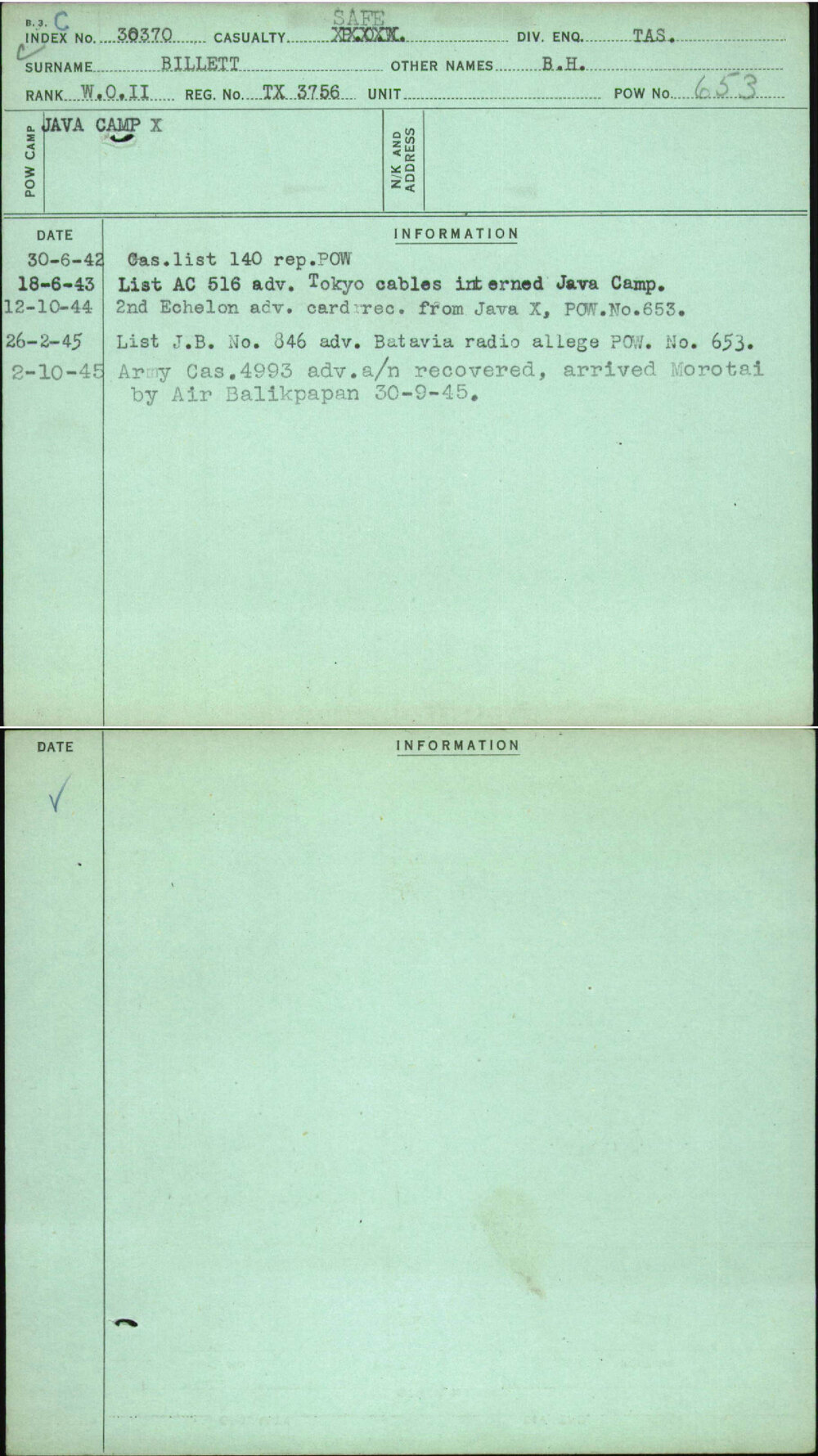 Billett, B H, TX3756