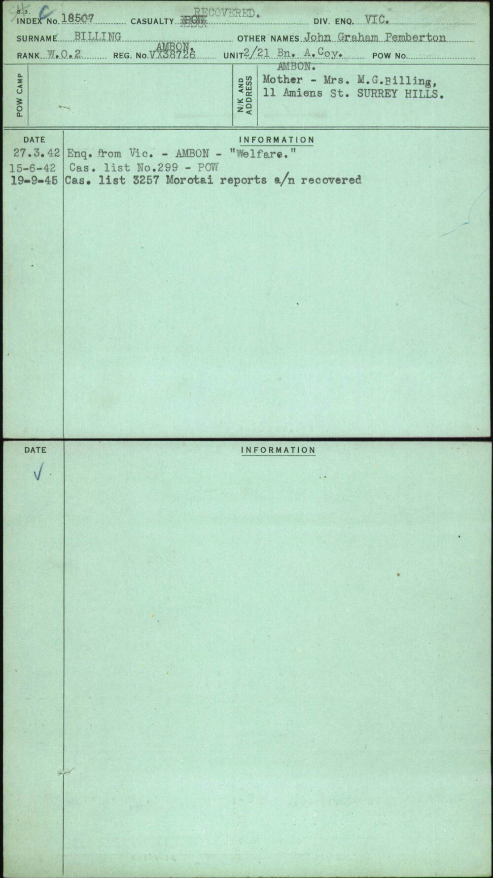 Billing, John Graham Pemberton, Ambon VX38726