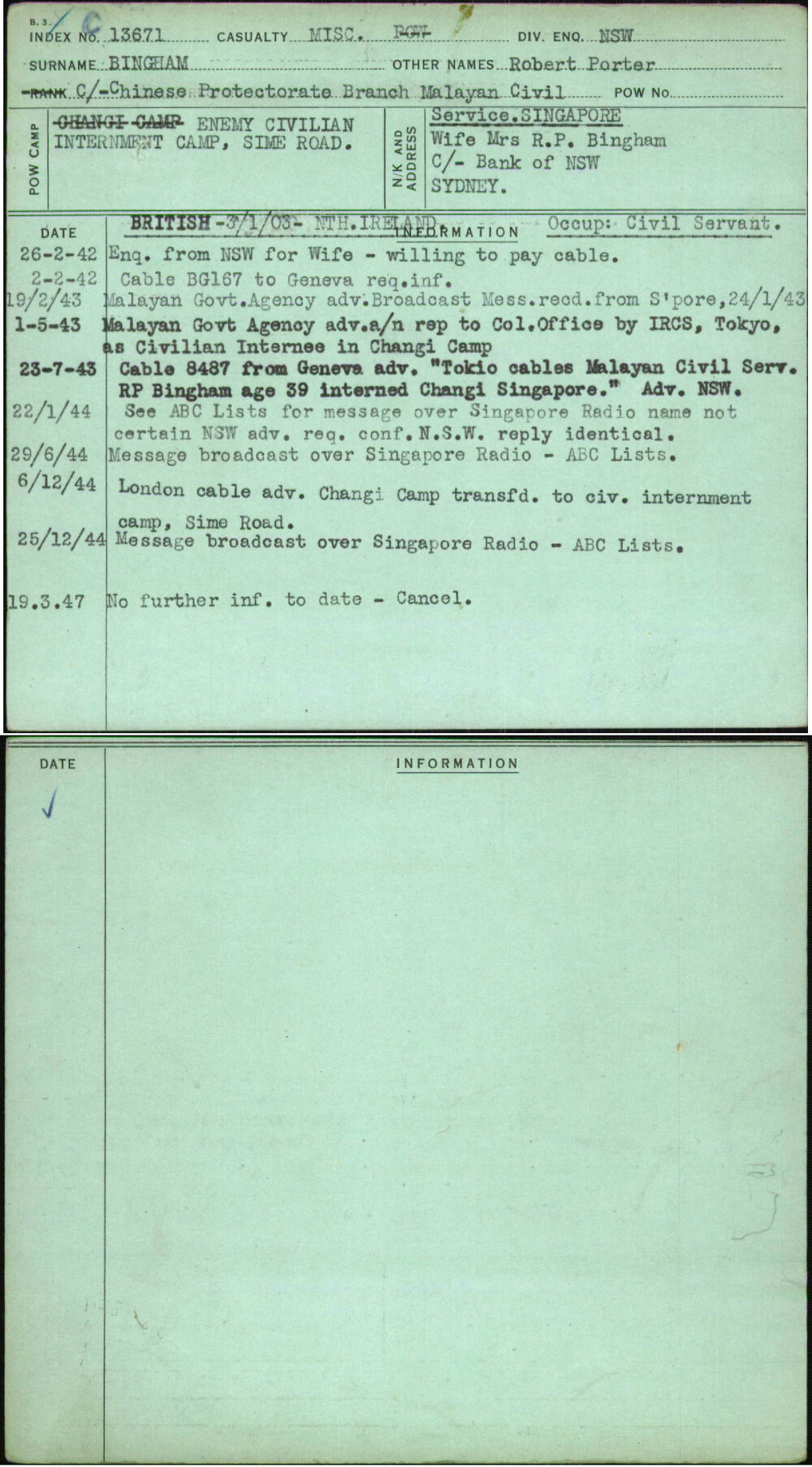 Bingham, Robert Porter, [No Service Number]
